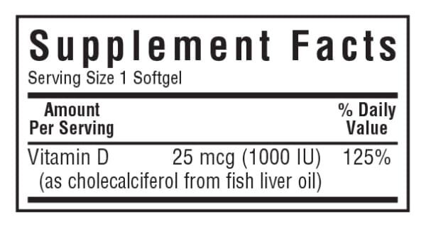 Bluebonnet’s Vitamin D3 1000 IU (25 mcg) supplement facts